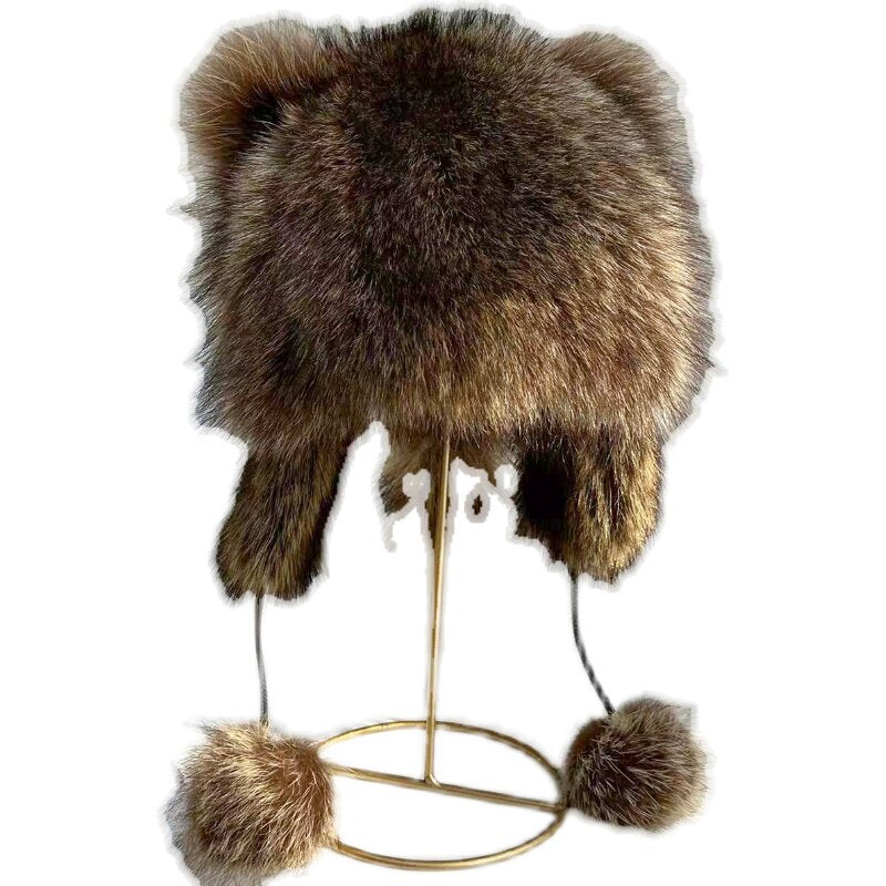 Little raccoon ear protection hat American raccoon fur Lei Feng overlord hat winter warm boys and girls adult fur hat