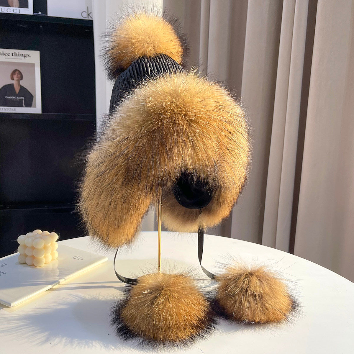 Winter new fox fur hat Lei Feng hat wool sweet and cute plus velvet warm ear protection women's hat real wool