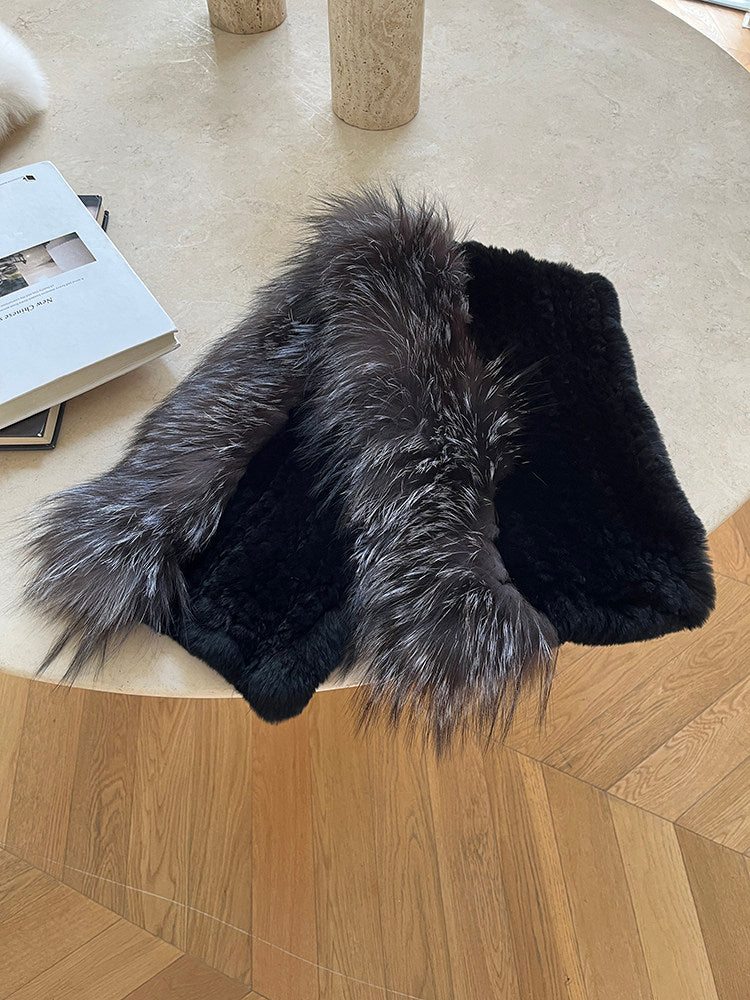 Black Rex rabbit and fox fur shawl collar laid flat, product view