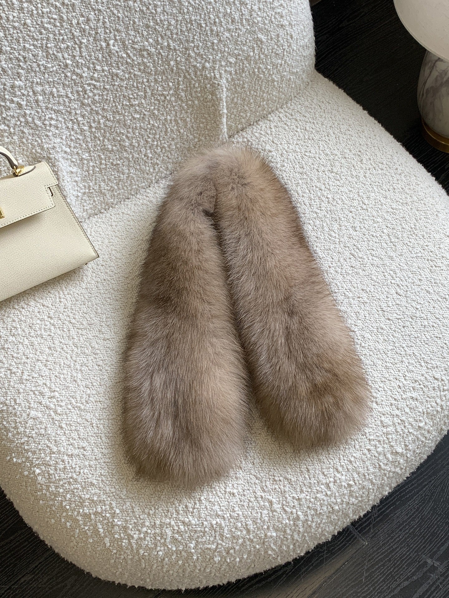 Mushroom Taupe fox fur pull-through winter scarf