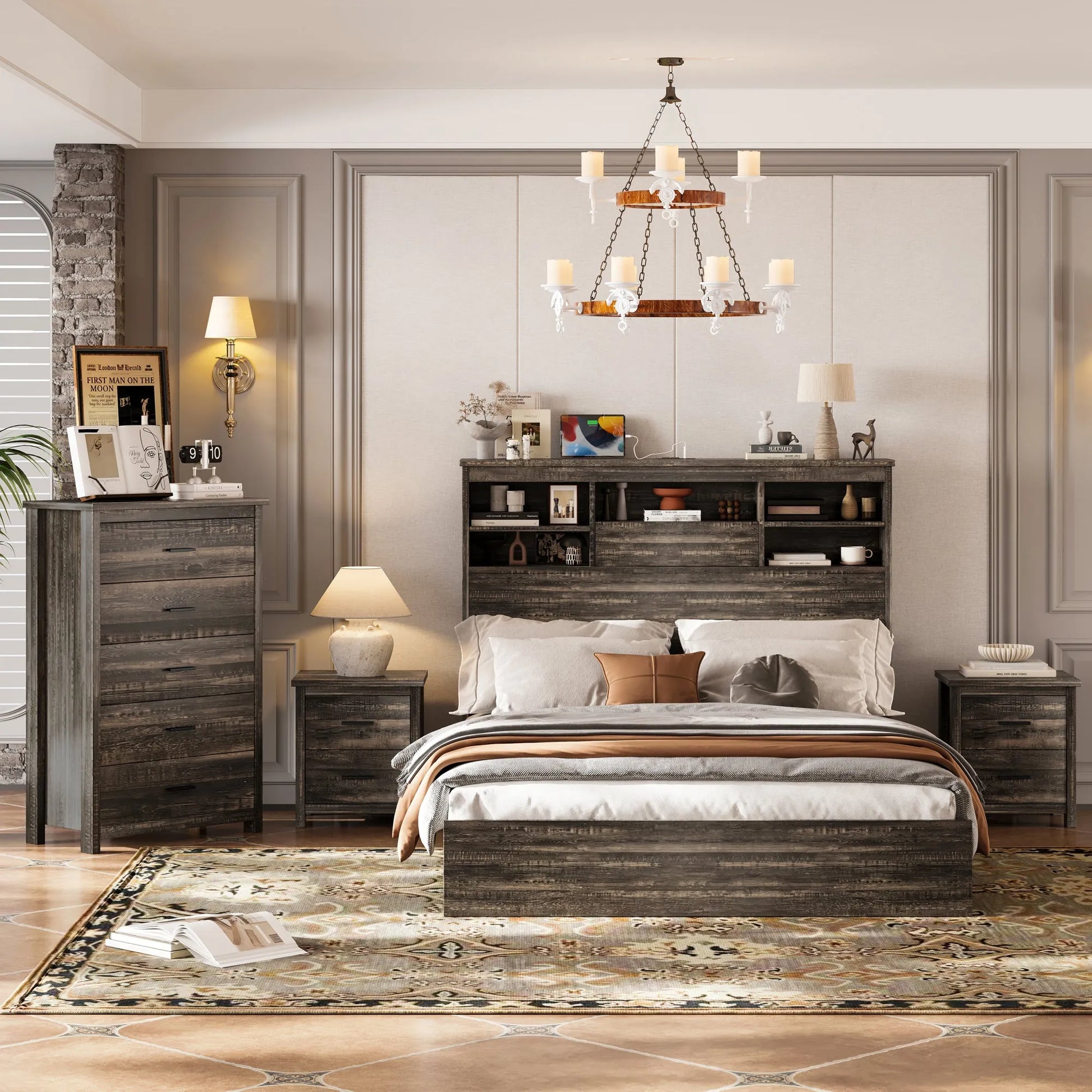 4-Piece Queen Bedroom Furniture Set with Storage Bed, Nightstands and Dresser – Antique Gray – view 1