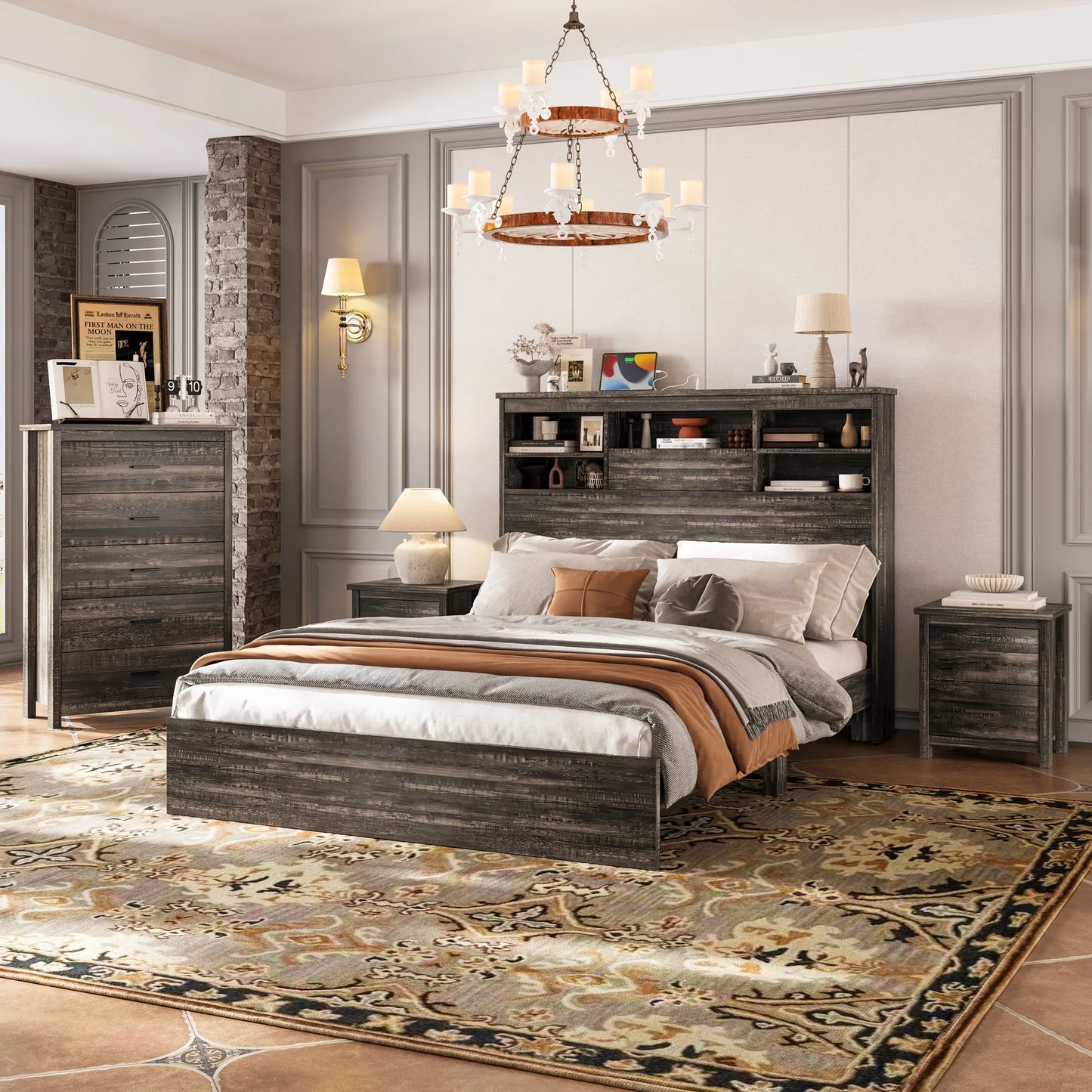 4-Piece Queen Bedroom Furniture Set with Storage Bed, Nightstands and Dresser – Antique Gray – view 2