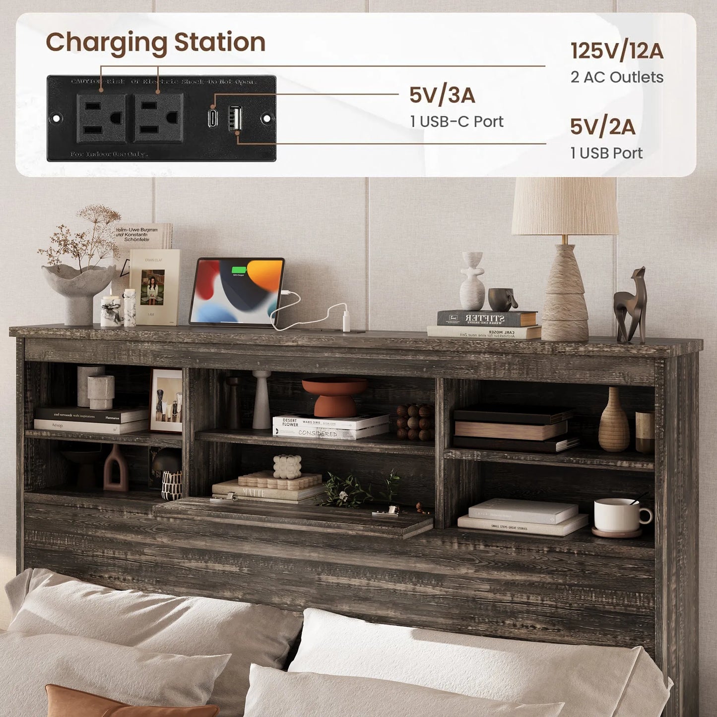 4-Piece Queen Bedroom Furniture Set with Storage Bed, Nightstands and Dresser – Antique Gray – view 4