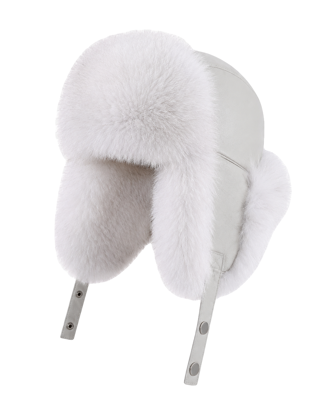 Arctic White Fox genuine fur and white sheepskin leather ushanka hat, front product view