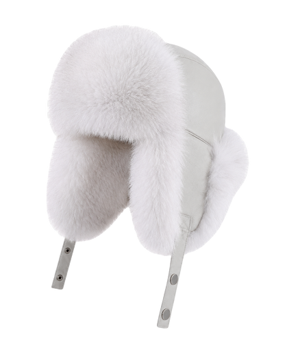 Arctic White Fox genuine fur and white sheepskin leather ushanka hat, front product view