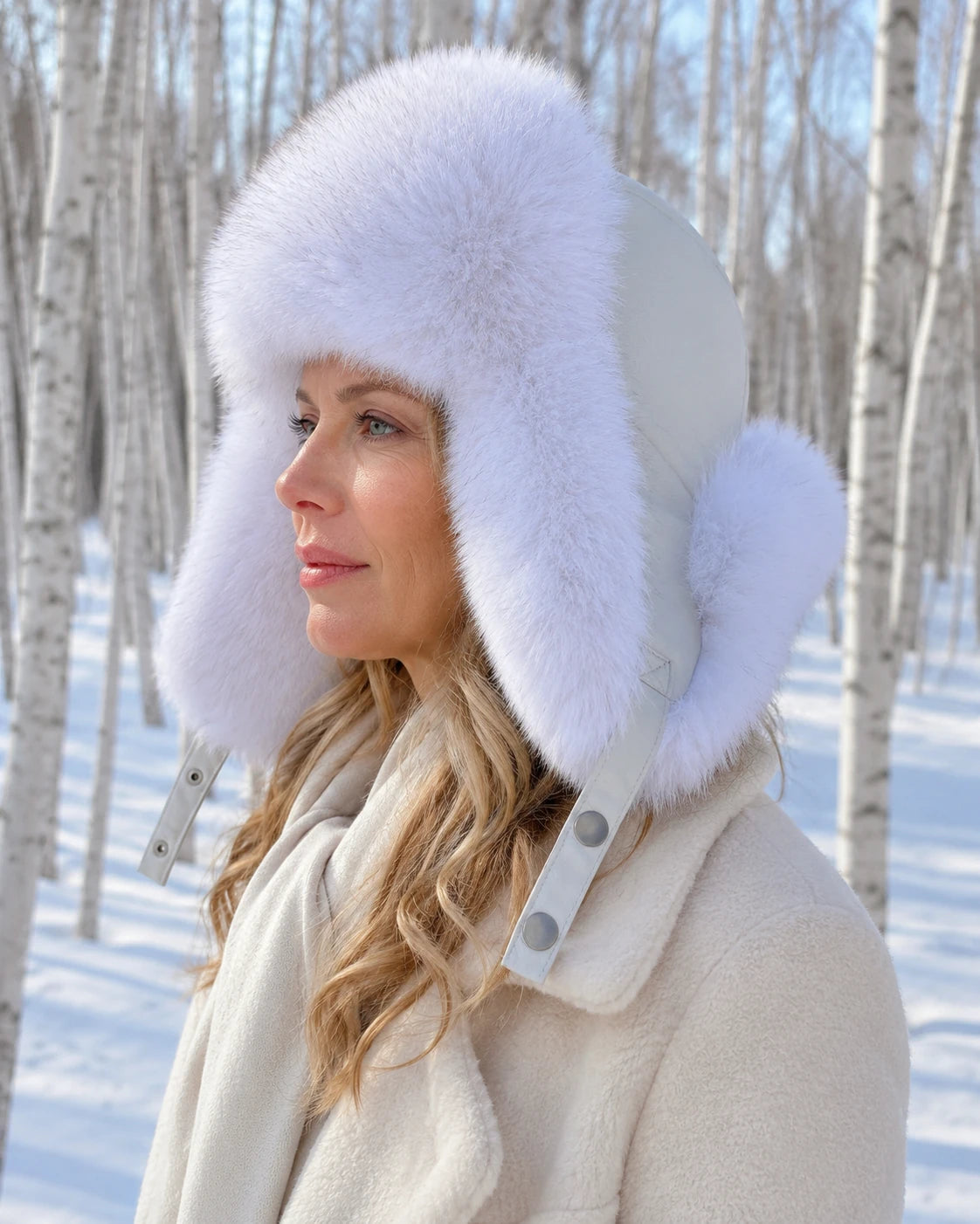 Arctic White Fox fur and sheepskin leather ushanka worn in snowy weather