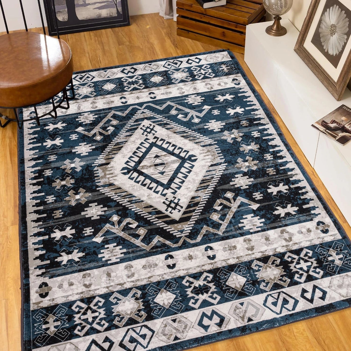 Area Rug Vintage Bohemia Large Persian Non-slip Washable Rug For Living Room Kitchen Bedroom Living Room Geometry Blue/B