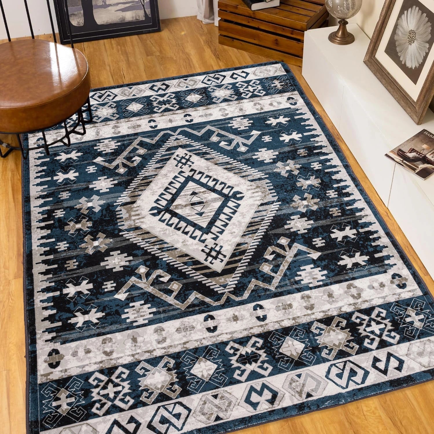 Area Rug Vintage Bohemia Large Persian Non-slip Washable Rug For Living Room Kitchen Bedroom Living Room Geometry Blue/B