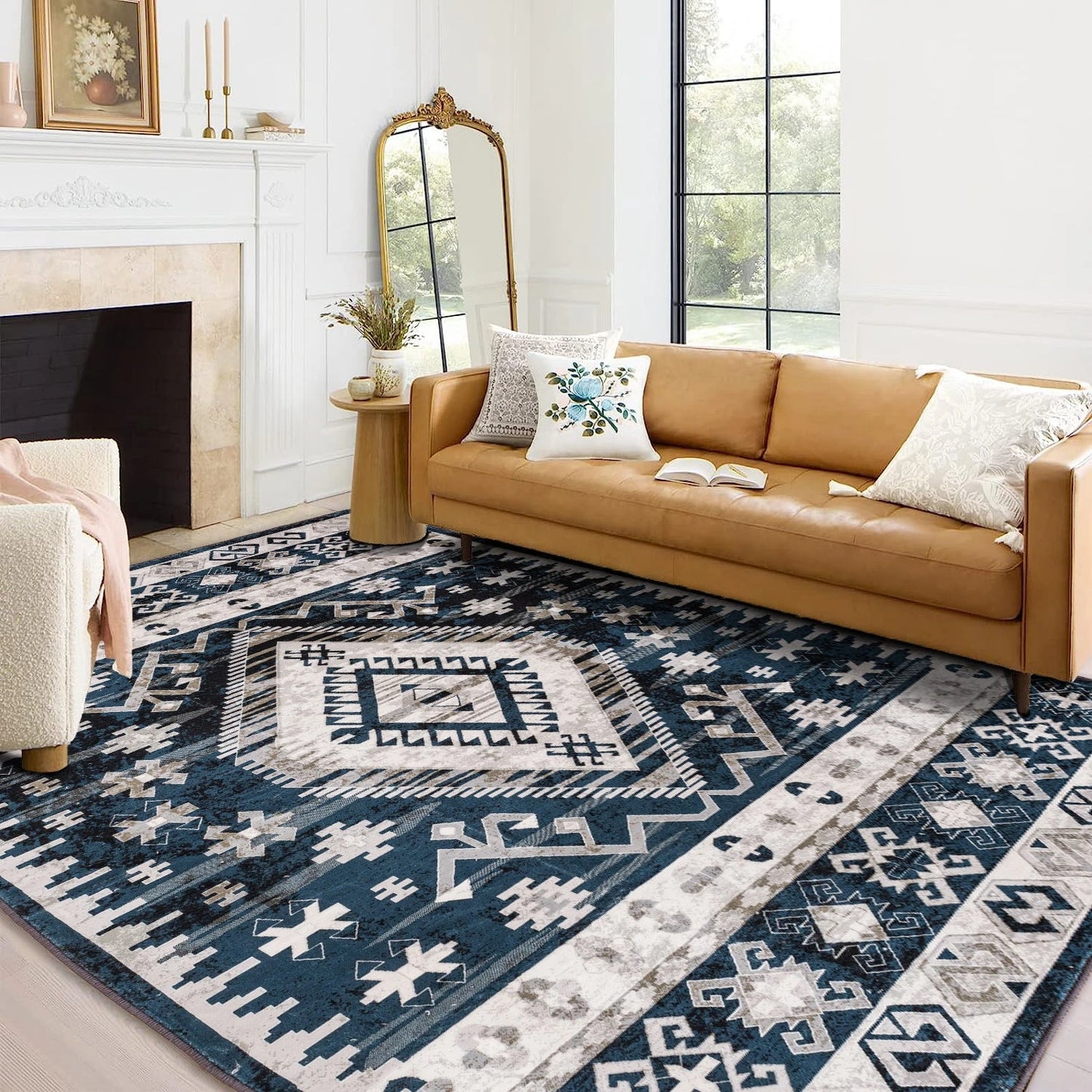 Area Rug Vintage Bohemia Large Persian Non-slip Washable Rug For Living Room Kitchen Bedroom Living Room Geometry Blue/B