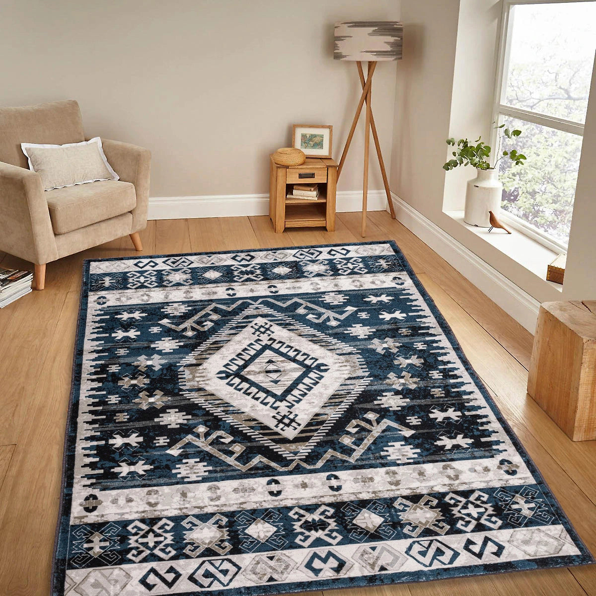 Area Rug Vintage Bohemia Large Persian Non-slip Washable Rug For Living Room Kitchen Bedroom Living Room Geometry Blue/B