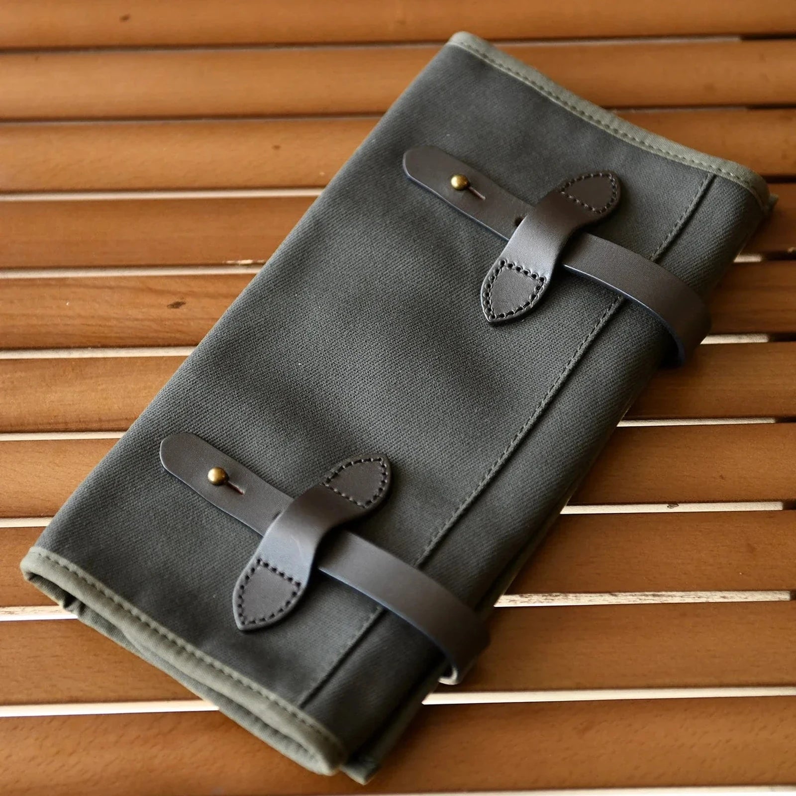 Army Green waxed canvas and cowhide roll-up tool organizer