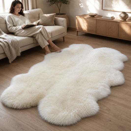 Ivory white genuine Australian long-wool multi-pelt rug beside a sofa in a warm living room