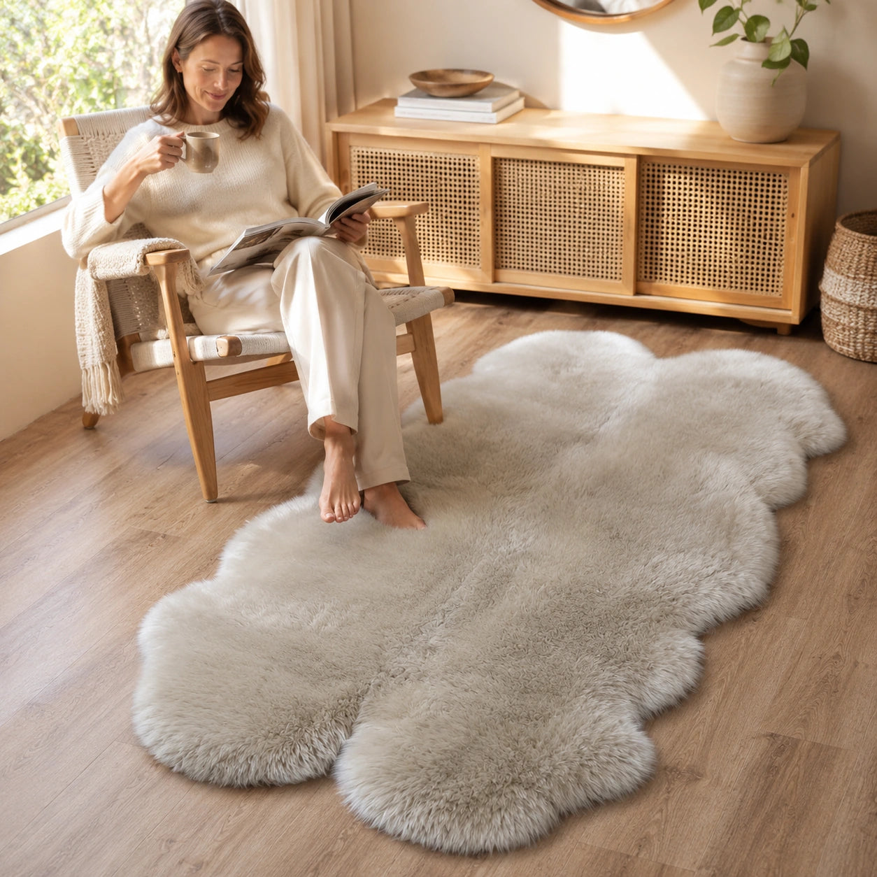 Woman over 40 beside a mushroom taupe long-wool sheepskin rug in a reading nook
