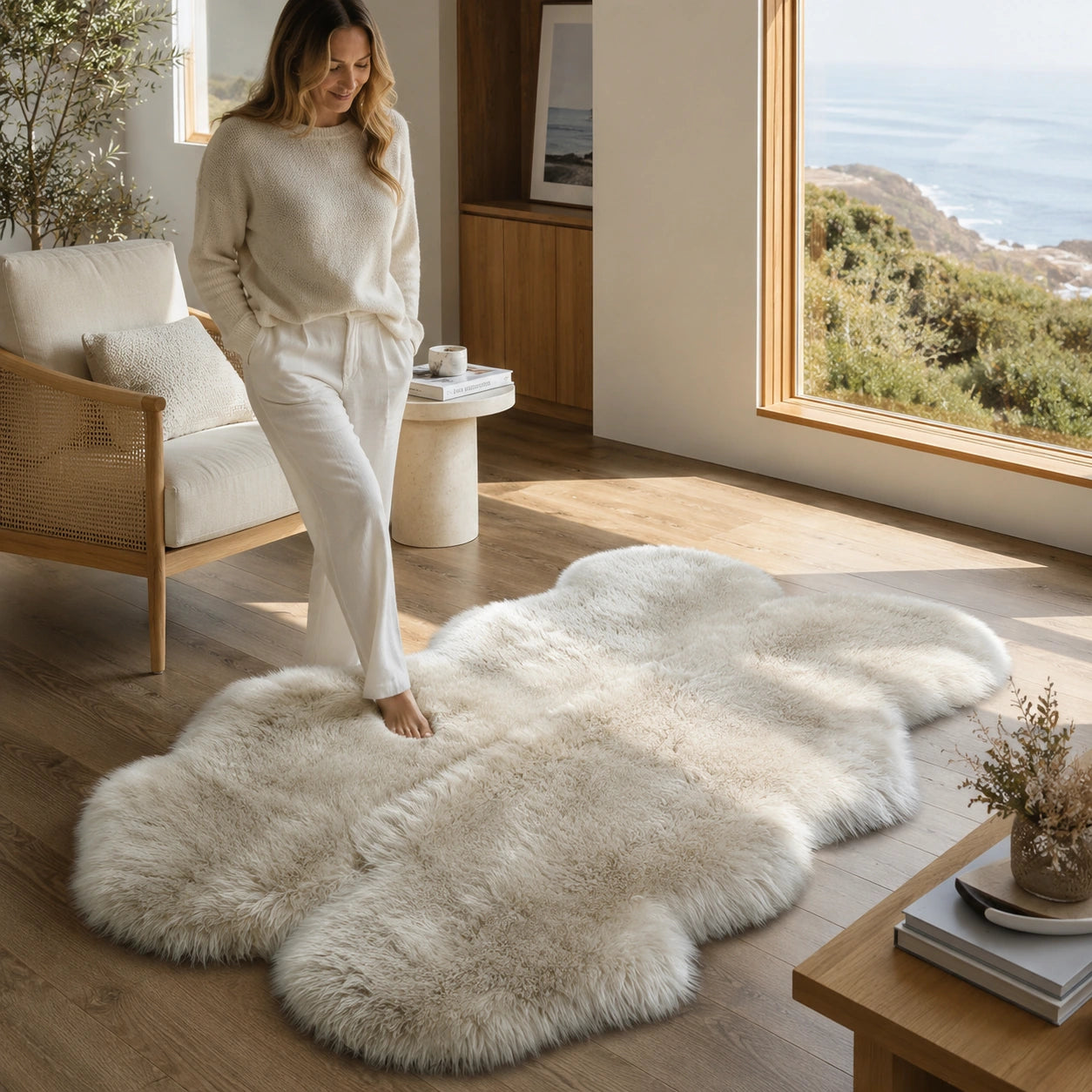 Mushroom taupe Australian long-wool area rug in a bright coastal living room