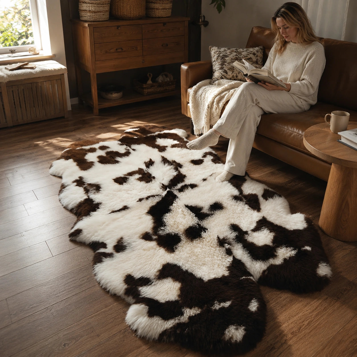 Natural brown and ivory multi-pelt sheepskin rug in a warm wood reading room