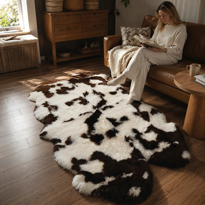 Natural brown and ivory multi-pelt sheepskin rug in a warm wood reading room