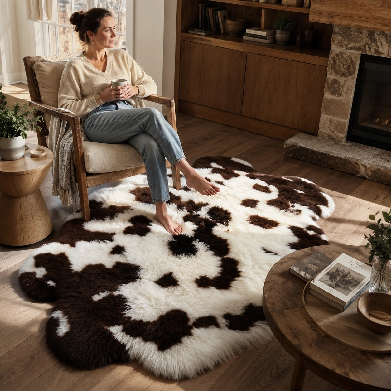 Woman seated beside a natural brown and ivory Australian long-wool rug near a fireplace