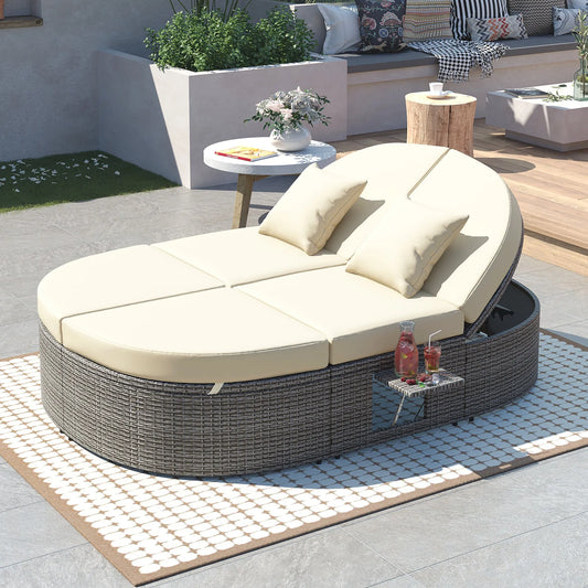 2-Person Rattan Outdoor Daybed with Adjustable Backrests – Beige – view 1