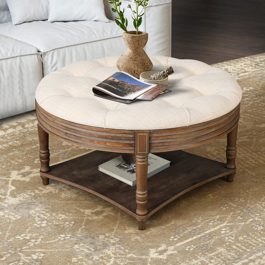 Oversized Round Tufted Ottoman Coffee Table with Storage Shelf – Beige – view 1