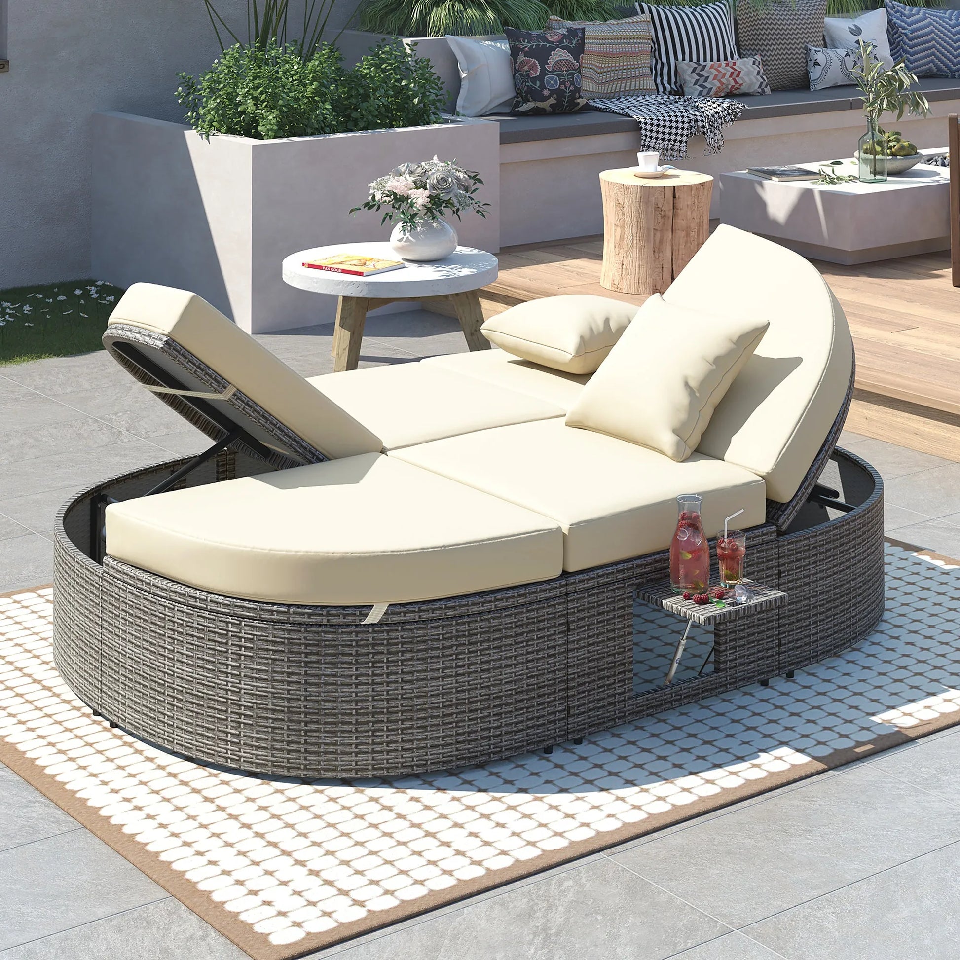2-Person Rattan Outdoor Daybed with Adjustable Backrests – Beige – view 2