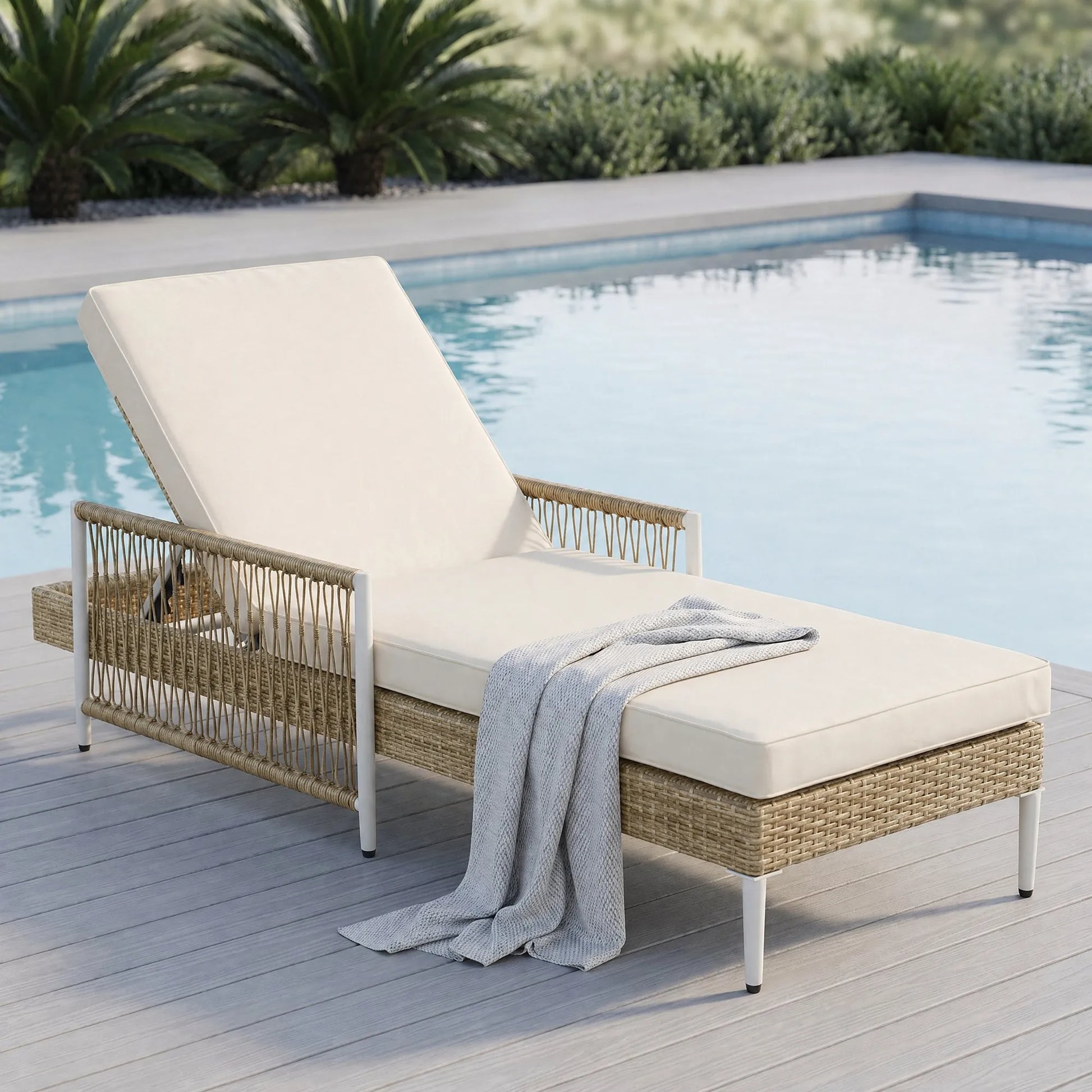 All-Weather PE Rattan Adjustable Chaise Lounge with Cushion – Beige – view 3