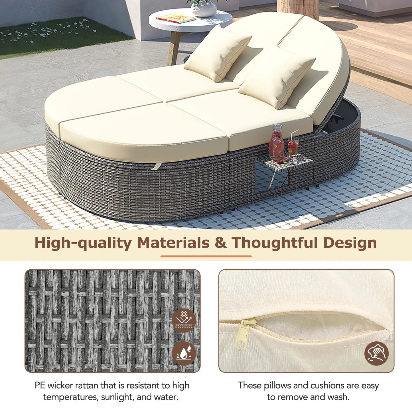 2-Person Rattan Outdoor Daybed with Adjustable Backrests – Beige – view 3