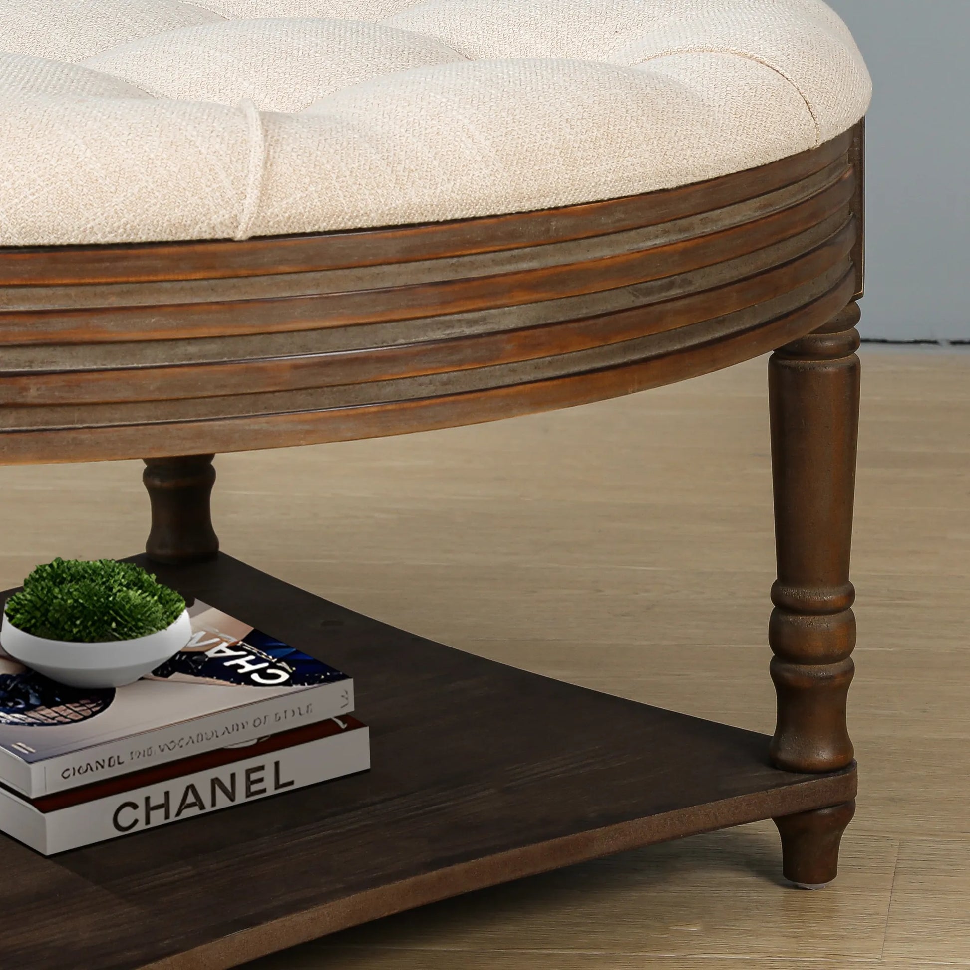 Oversized Round Tufted Ottoman Coffee Table with Storage Shelf – Beige – view 3