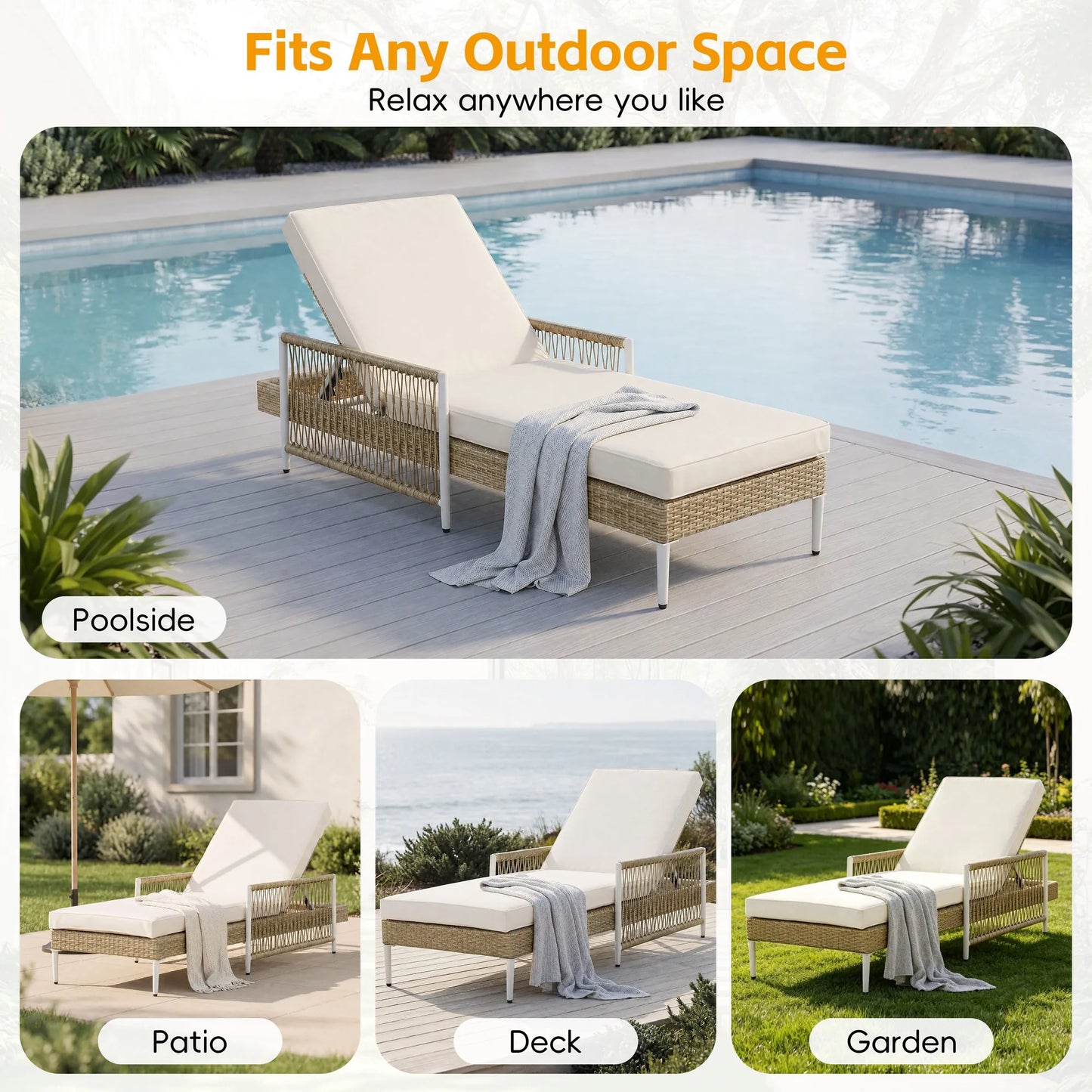All-Weather PE Rattan Adjustable Chaise Lounge with Cushion – Beige – view 4
