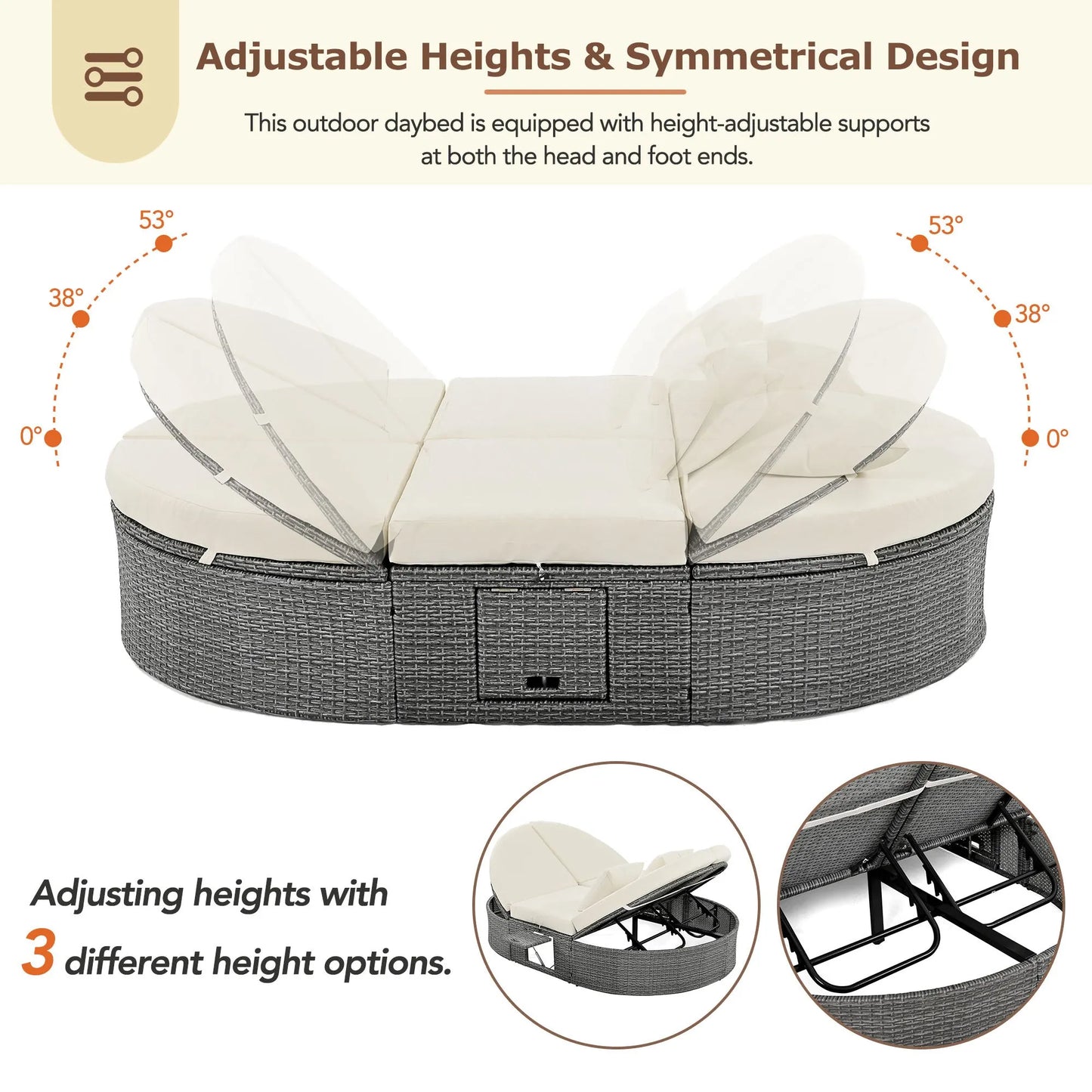 2-Person Rattan Outdoor Daybed with Adjustable Backrests – Beige – view 4