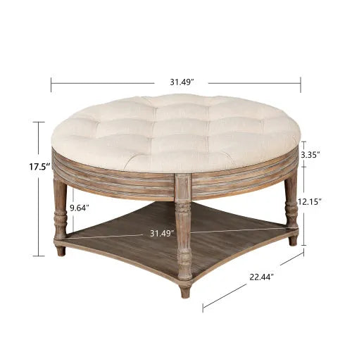 Oversized Round Tufted Ottoman Coffee Table with Storage Shelf – Beige – view 4