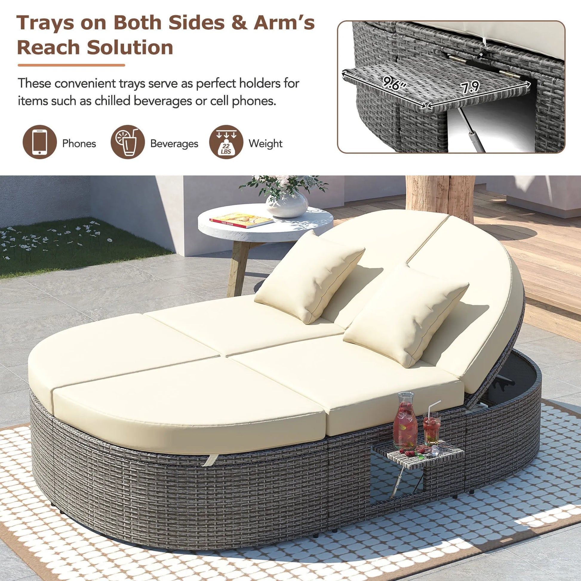 2-Person Rattan Outdoor Daybed with Adjustable Backrests – Beige – view 5