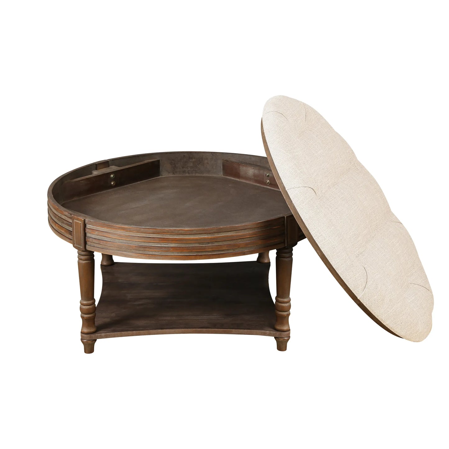 Oversized Round Tufted Ottoman Coffee Table with Storage Shelf – Beige – view 5