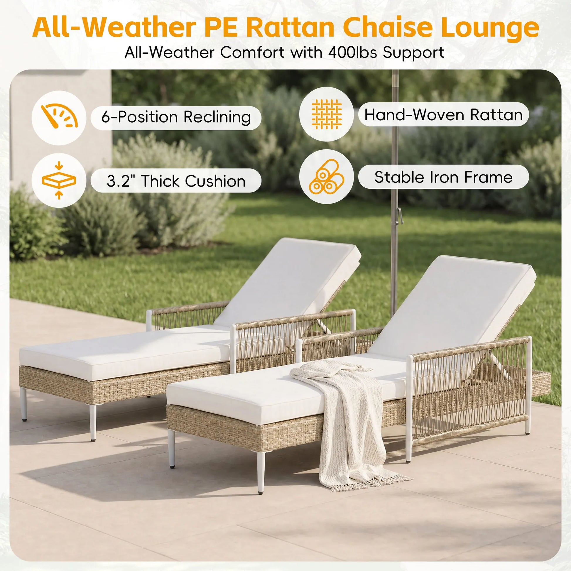 All-Weather PE Rattan Adjustable Chaise Lounge with Cushion – Beige – view 6
