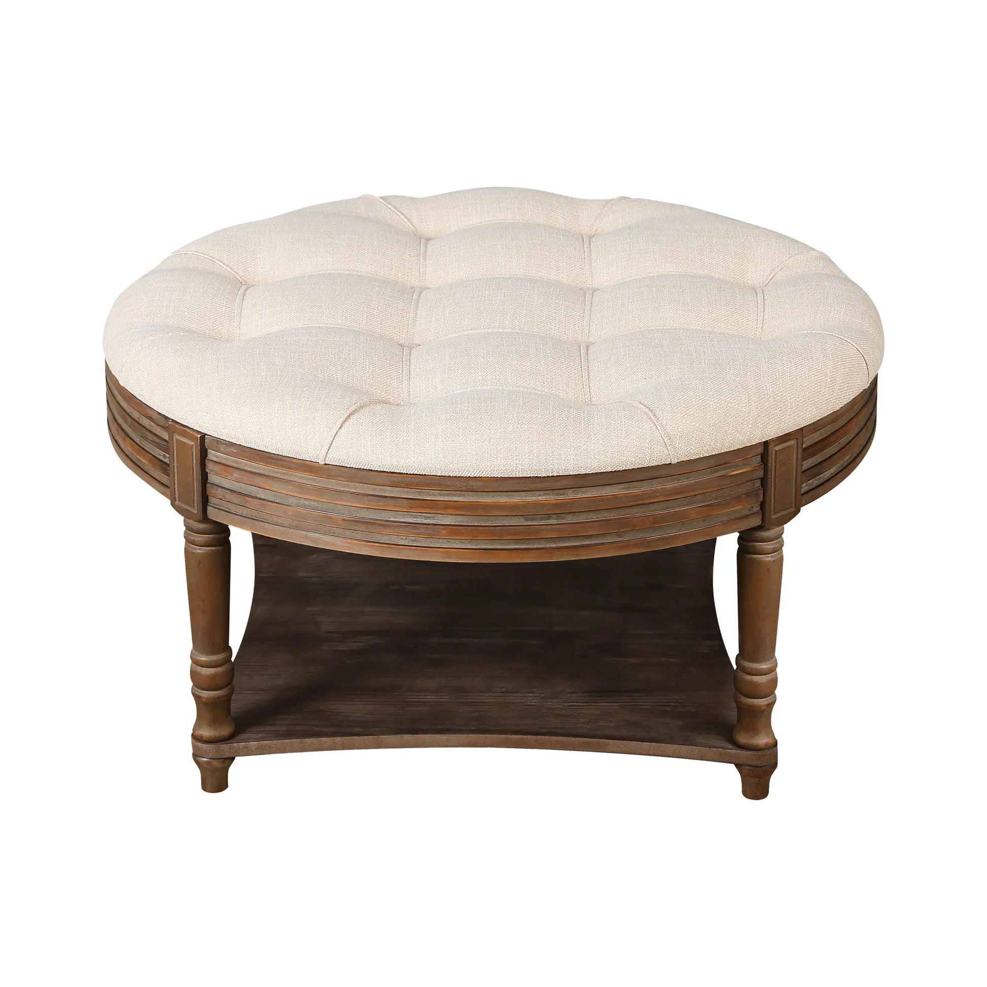 Oversized Round Tufted Ottoman Coffee Table with Storage Shelf – Beige – view 7
