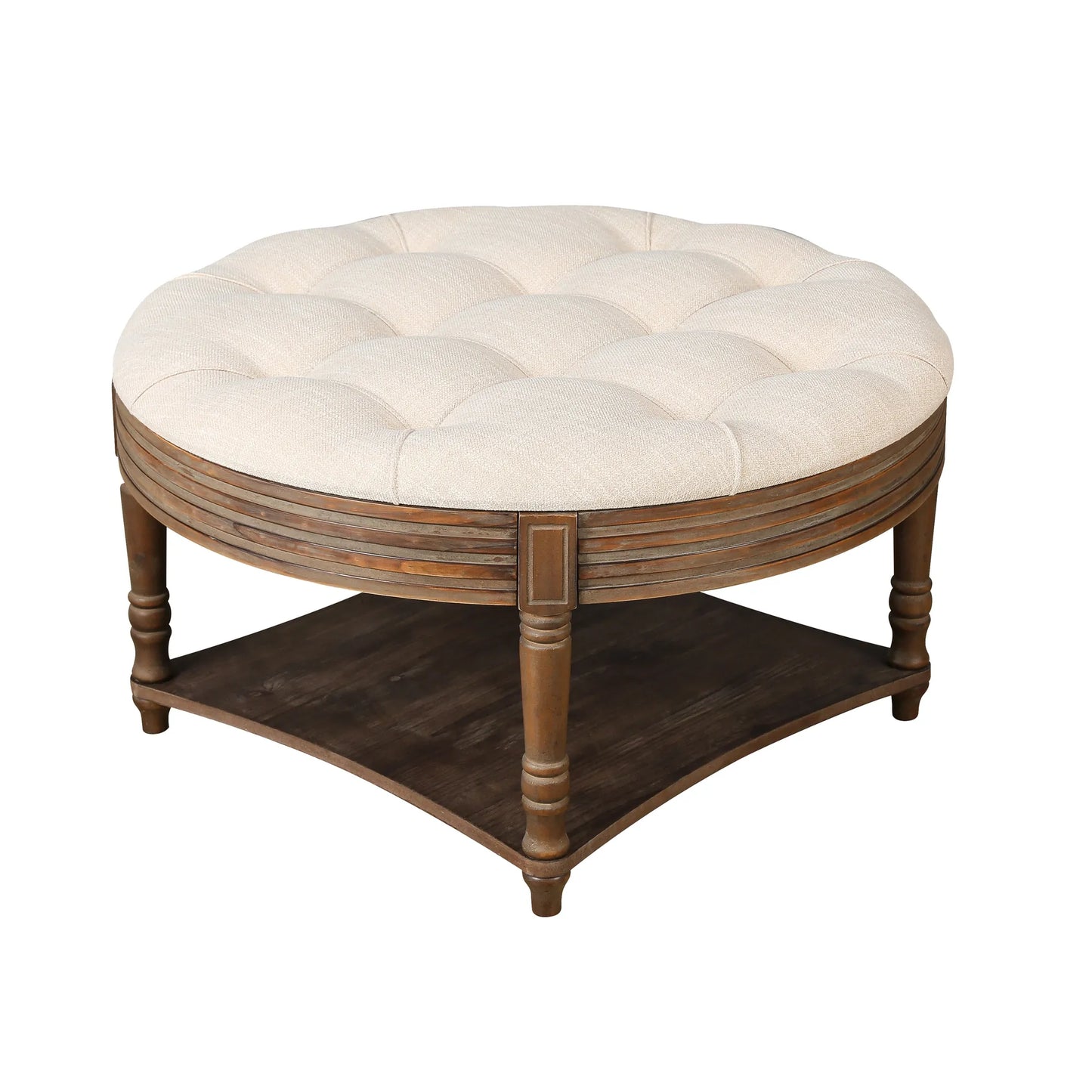 Oversized Round Tufted Ottoman Coffee Table with Storage Shelf – Beige – view 8