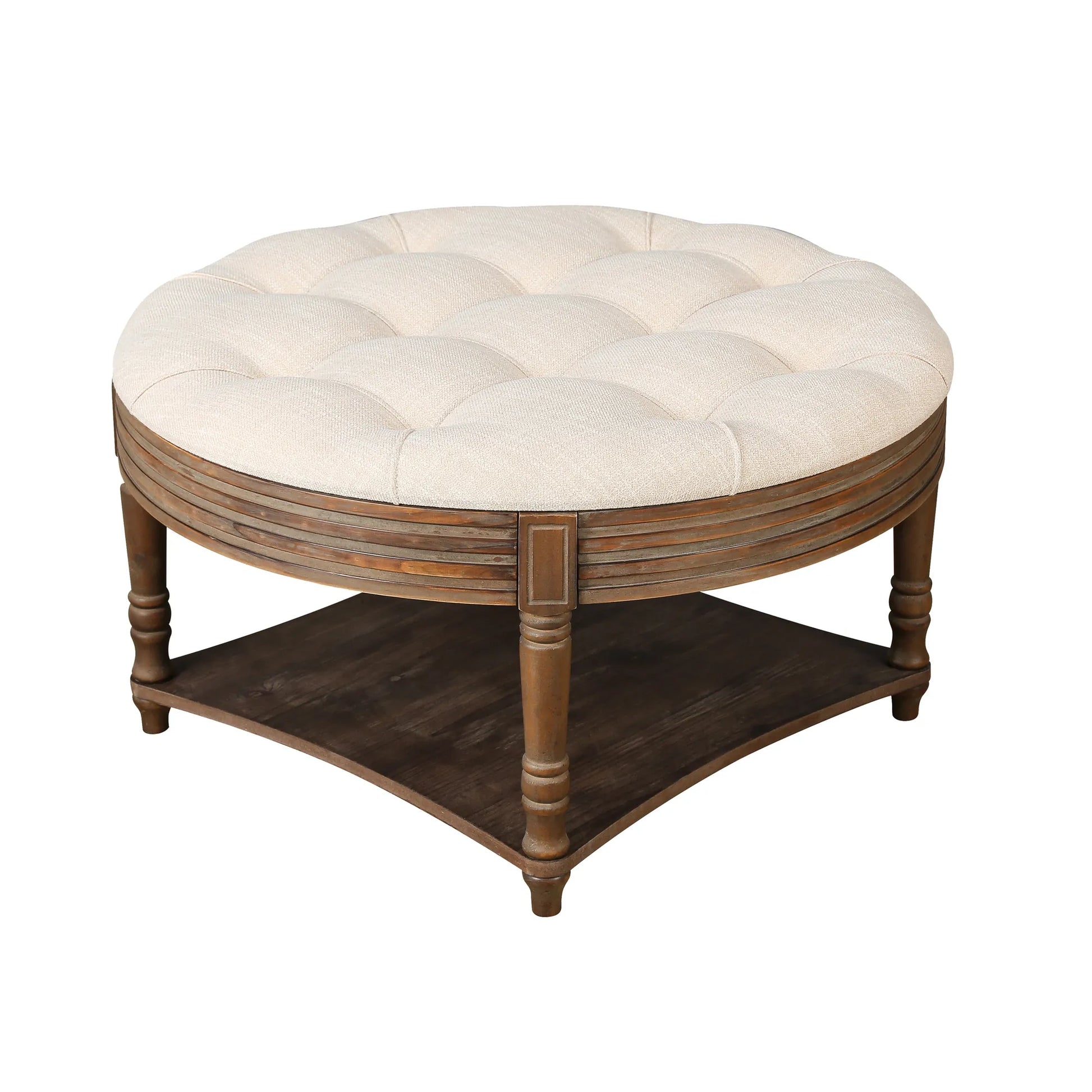 Oversized Round Tufted Ottoman Coffee Table with Storage Shelf – Beige – view 8