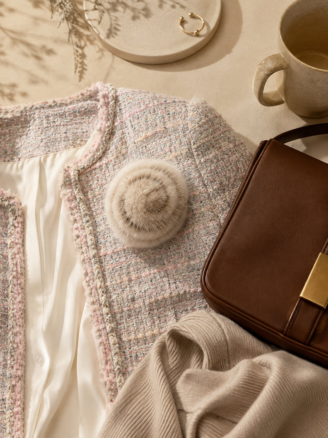 Beige camellia flower brooch arranged in a refined styling flat lay