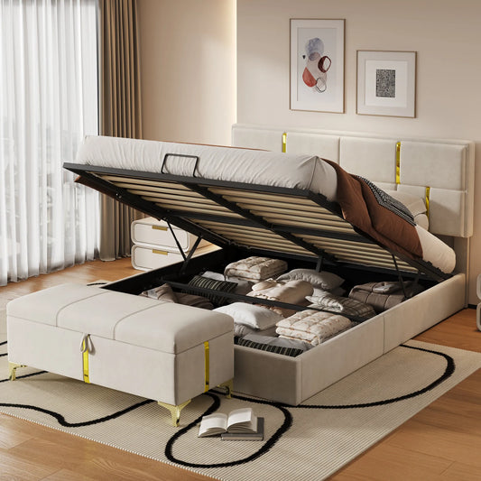2-Piece Queen Storage Bed and Ottoman Set – Beige Velvet – view 1