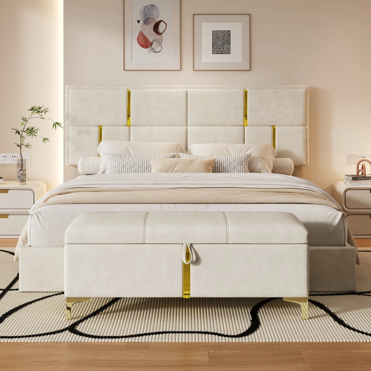 2-Piece Queen Storage Bed and Ottoman Set – Beige Velvet – view 2