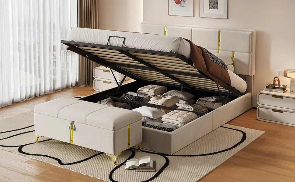 2-Piece Queen Storage Bed and Ottoman Set – Beige Velvet – view 11