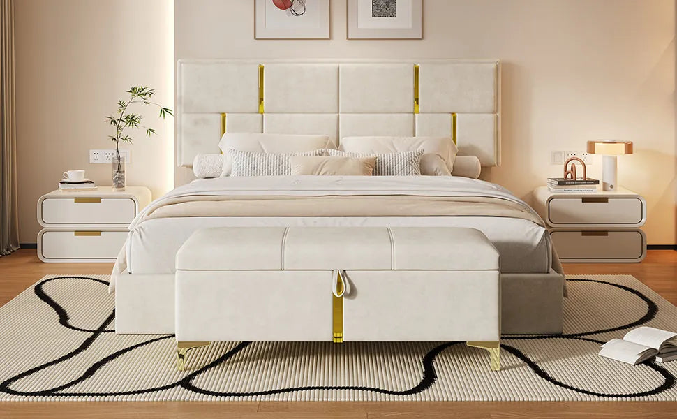 2-Piece Queen Storage Bed and Ottoman Set – Beige Velvet – view 12