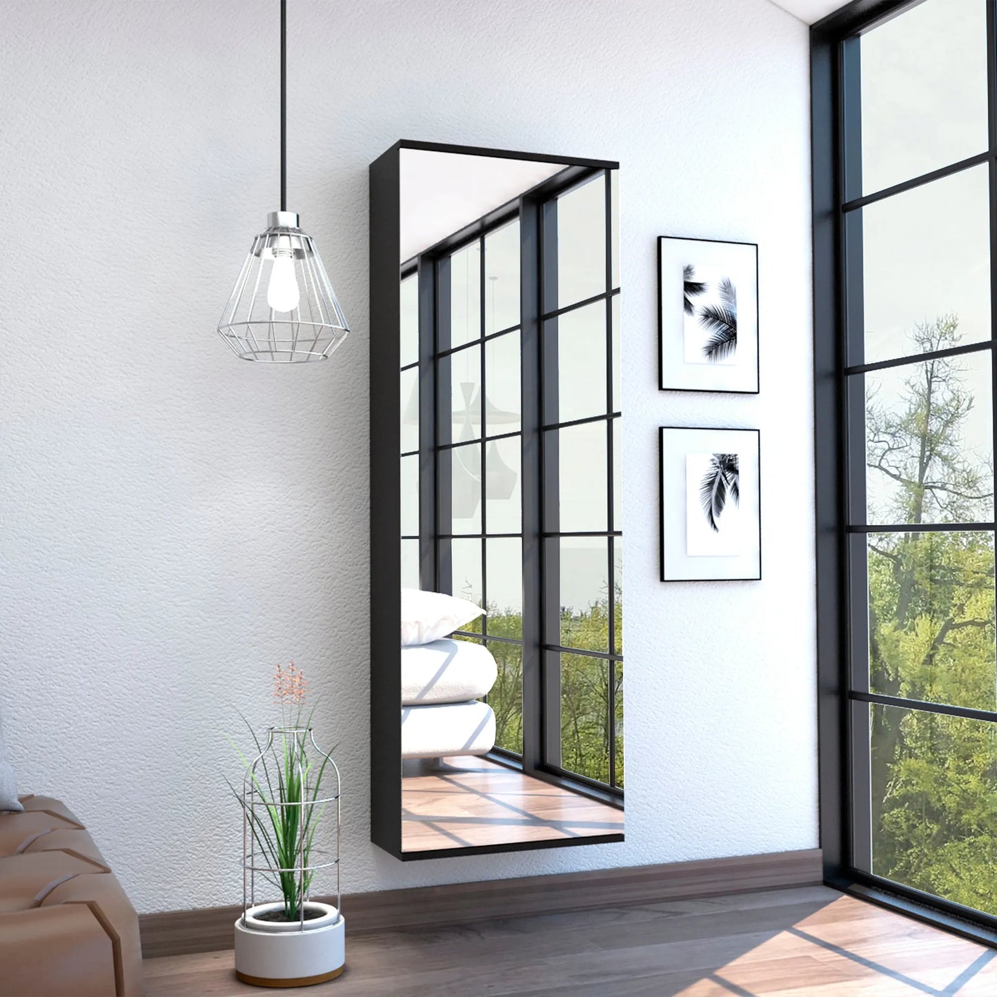 Wall-Mounted Shoe Cabinet with Full-Length Mirror – Black – view 1