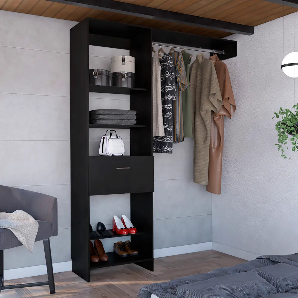 59.1-Inch Open Closet System with Shelves, Drawer and Hanging Rod – Black – view 1