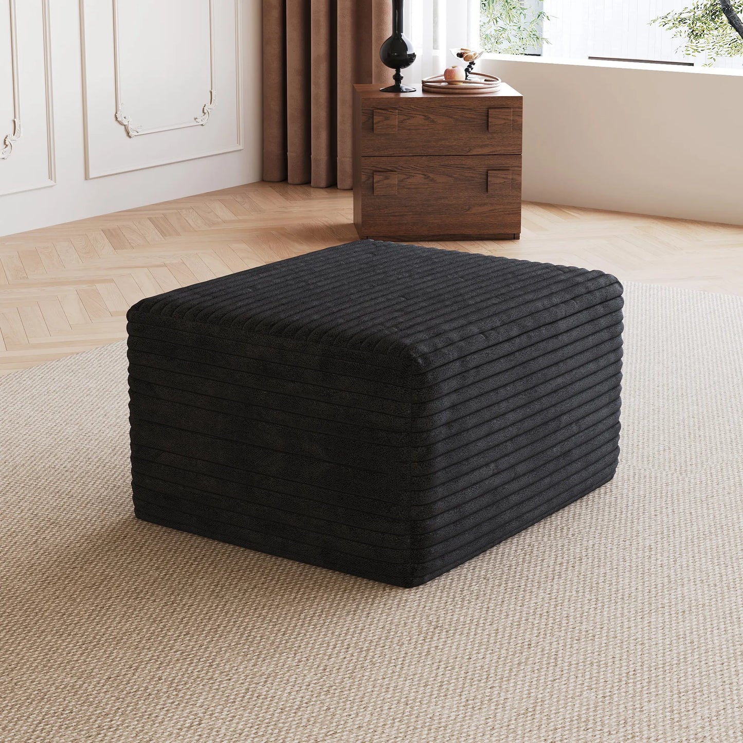 Corduroy Cube Ottoman, No Assembly Required – Black – view 1