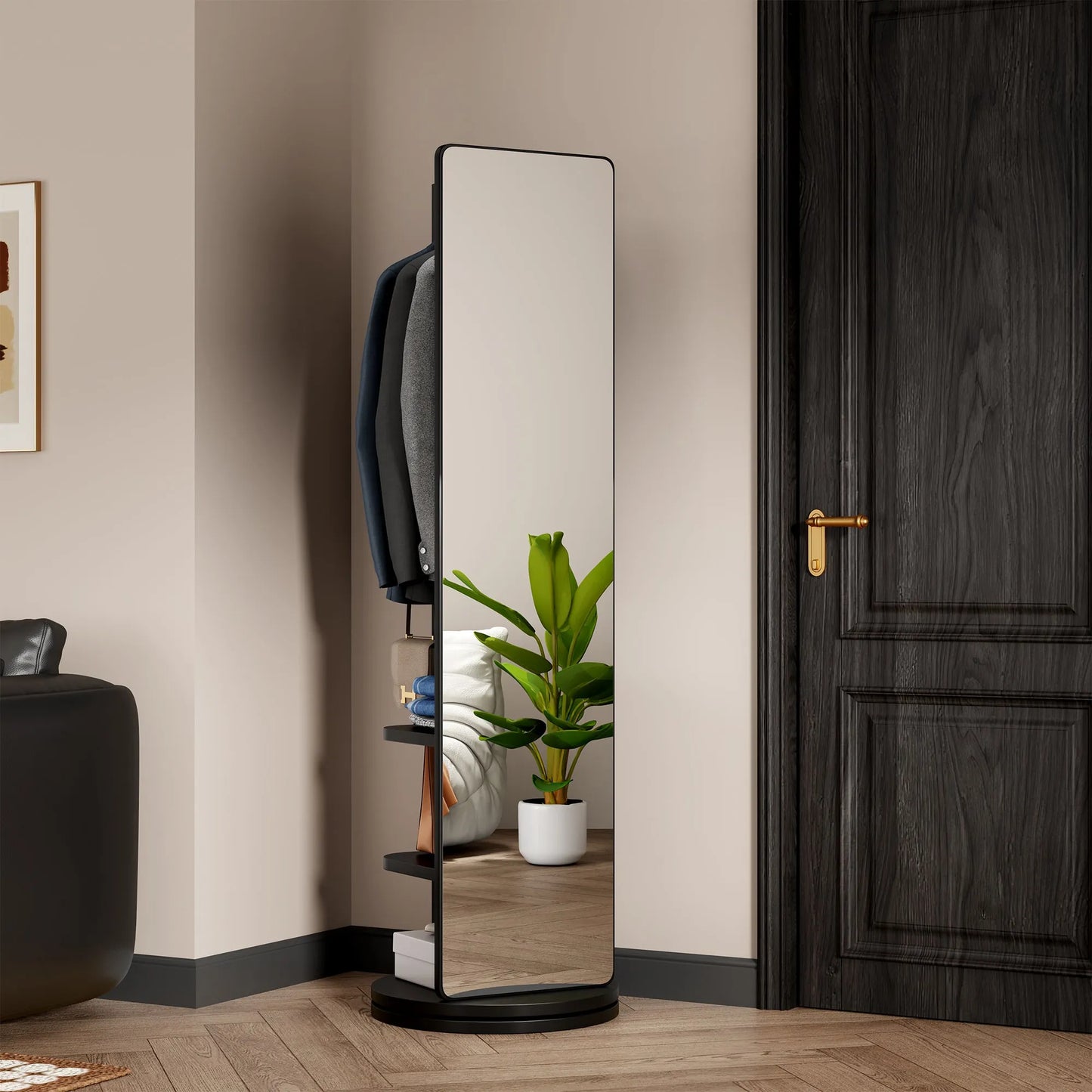 69-Inch Rotating Full-Length Mirror with Coat Rack – Black – view 1