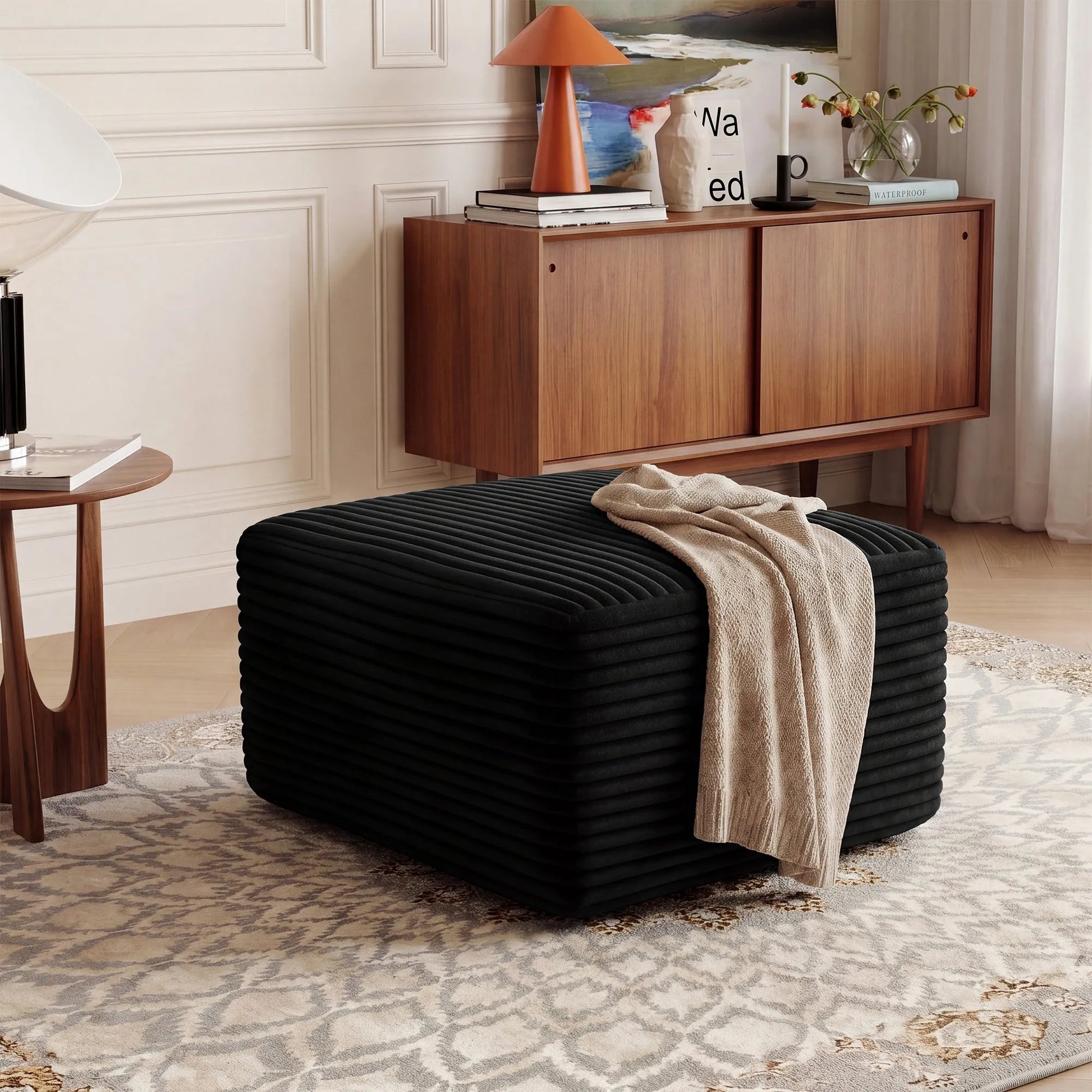 27.6-Inch Corduroy Square Ottoman – Black – view 1