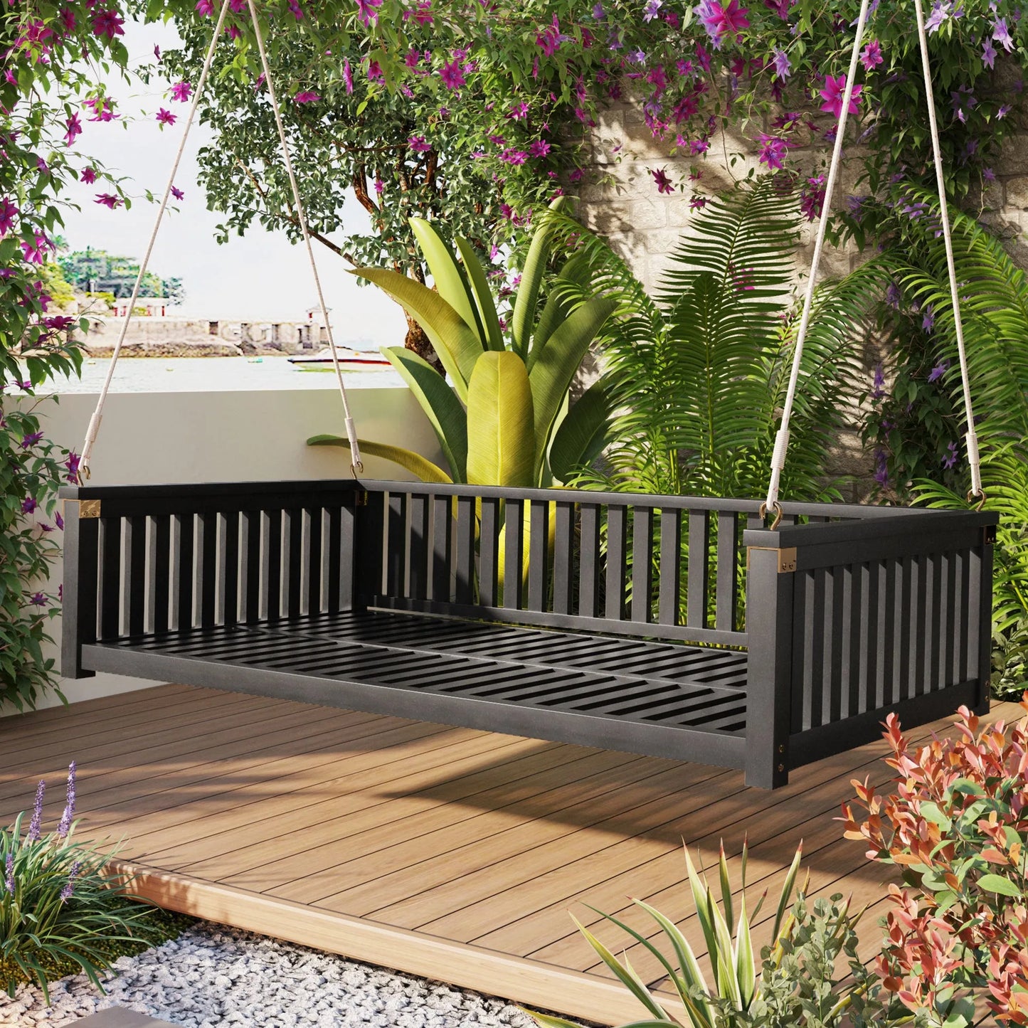 Acacia Wood Twin-Size Porch Swing Bed – Black – view 1