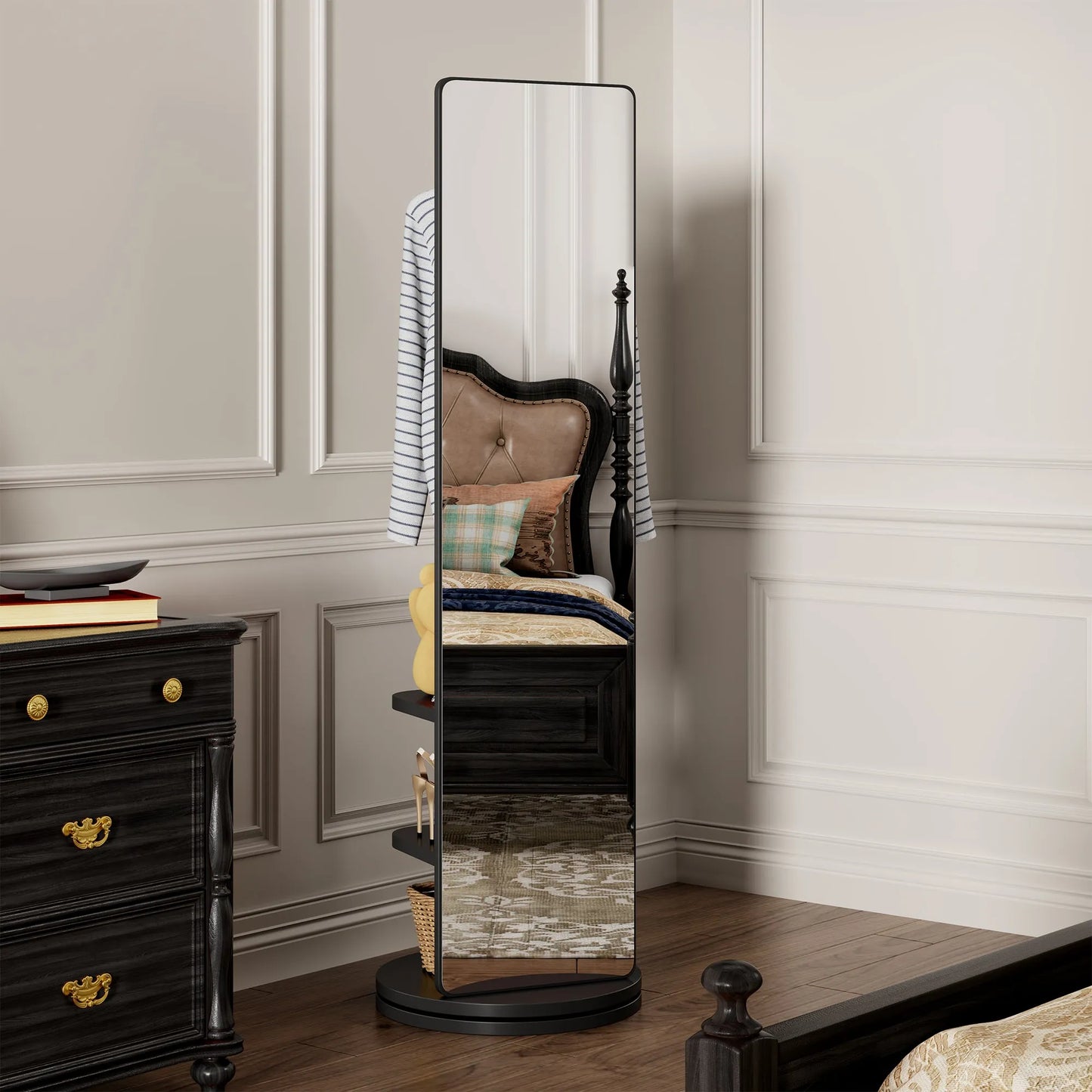 69-Inch Rotating Full-Length Mirror with Coat Rack – Black – view 2