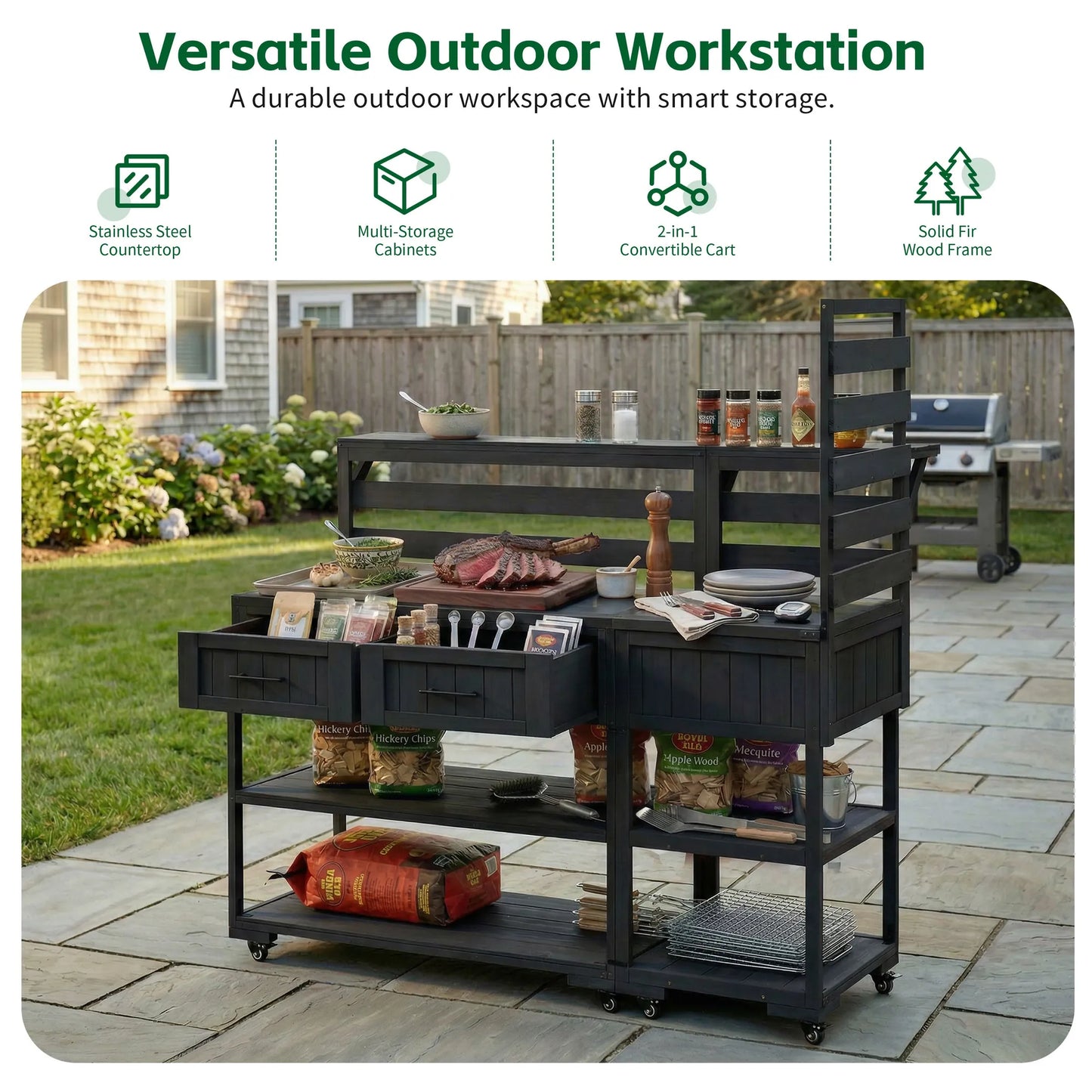 62.3-Inch Outdoor Kitchen Island with Stainless-Steel Top – Black – view 3