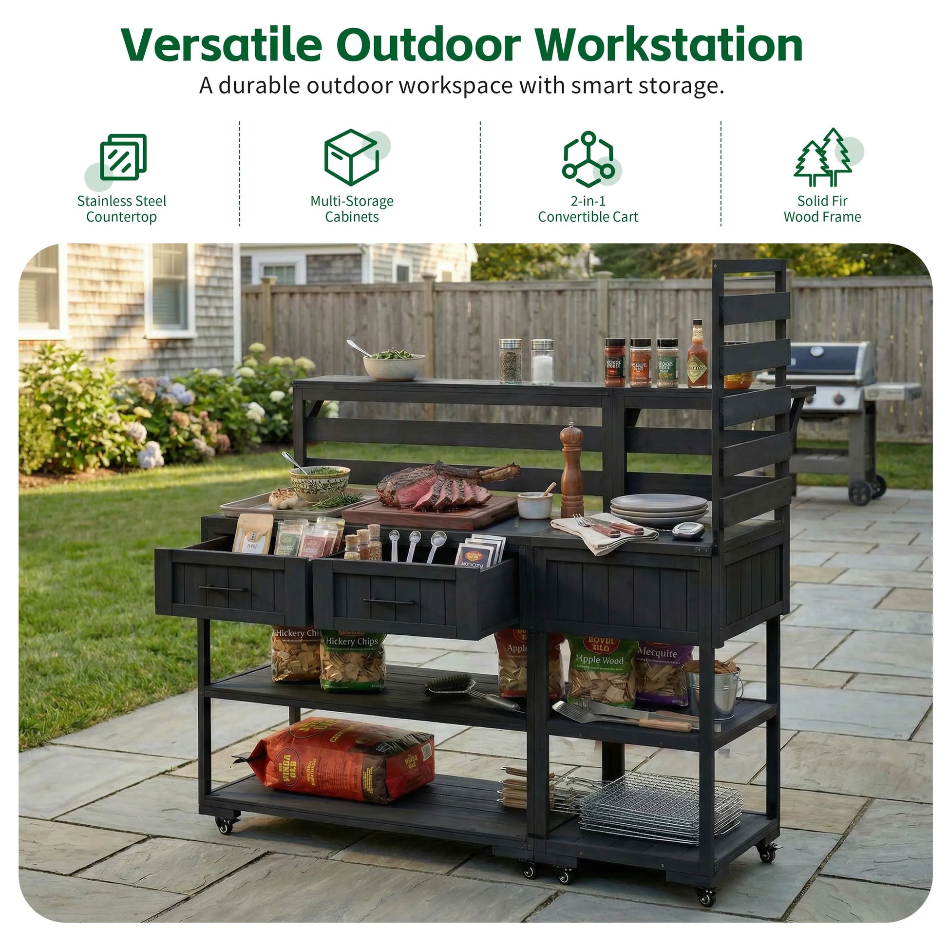 62.3-Inch Outdoor Kitchen Island with Stainless-Steel Top – Black – view 3